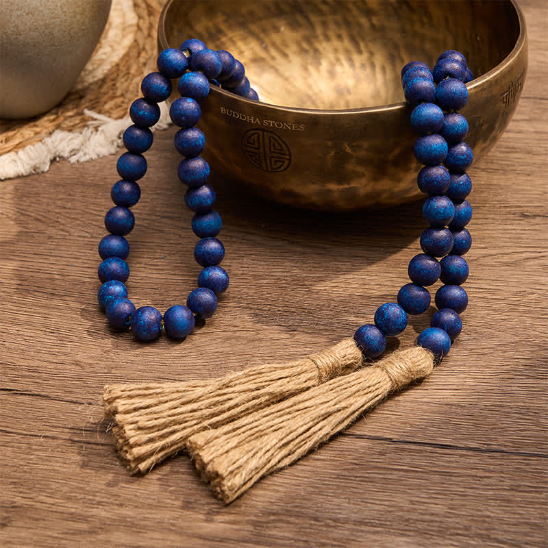 Buddha Stones Blue Rustic Wooden Bead Tassel Garland Mindful Living Decor - image 3