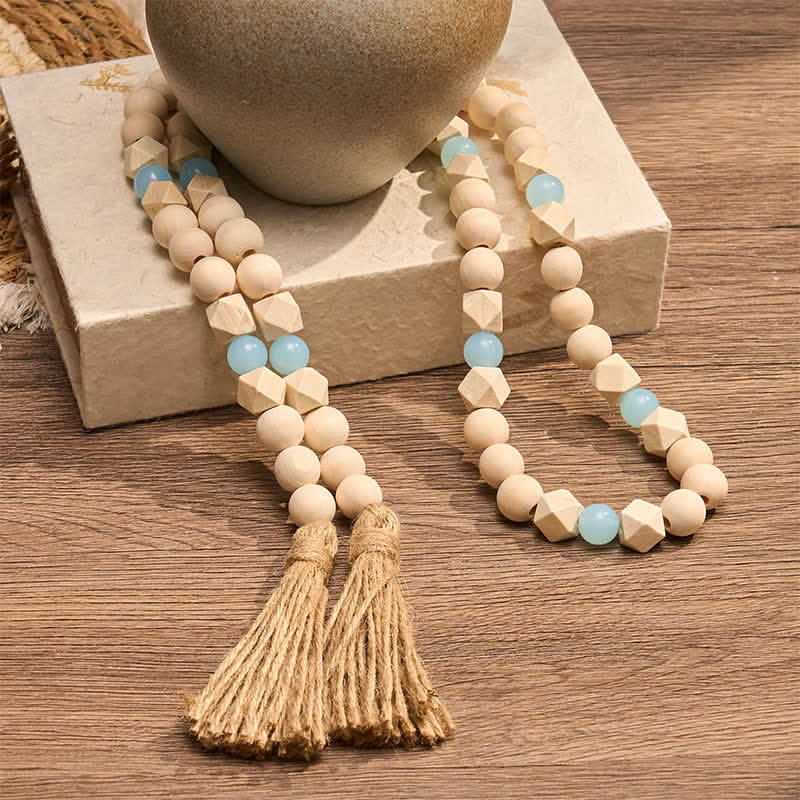 Buddha Stones Faceted Wood Beads Double Tassel Hanging Mindful Living Decor - image 1