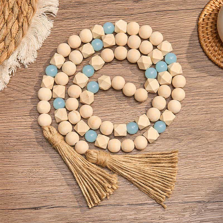 Buddha Stones Faceted Wood Beads Double Tassel Hanging Mindful Living Decor - Wood - image 0