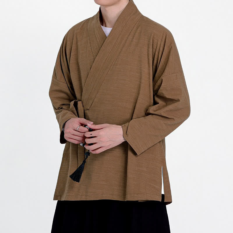 Buddha Stones Spring Fall Minimalist Tang Style Drawstring Solid Men's Kimono - image 12