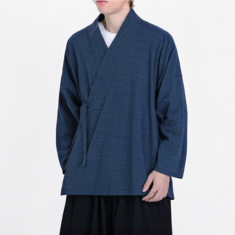 Buddha Stones Spring Fall Minimalist Tang Style Drawstring Solid Men's Kimono - image 2