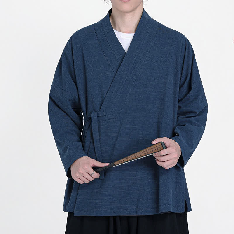 Buddha Stones Spring Fall Minimalist Tang Style Drawstring Solid Men's Kimono - image 5
