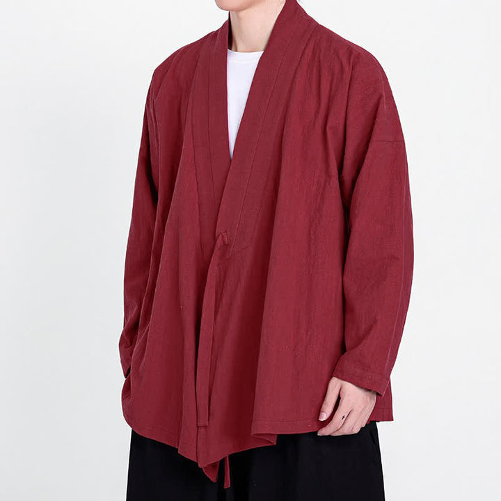 Buddha Stones Spring Fall Tang Style Minimalist Drawstring Solid Men's Kimono - image 8