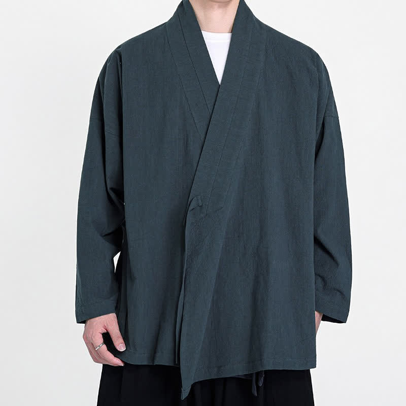 Buddha Stones Spring Fall Tang Style Minimalist Drawstring Solid Men's Kimono - image 3