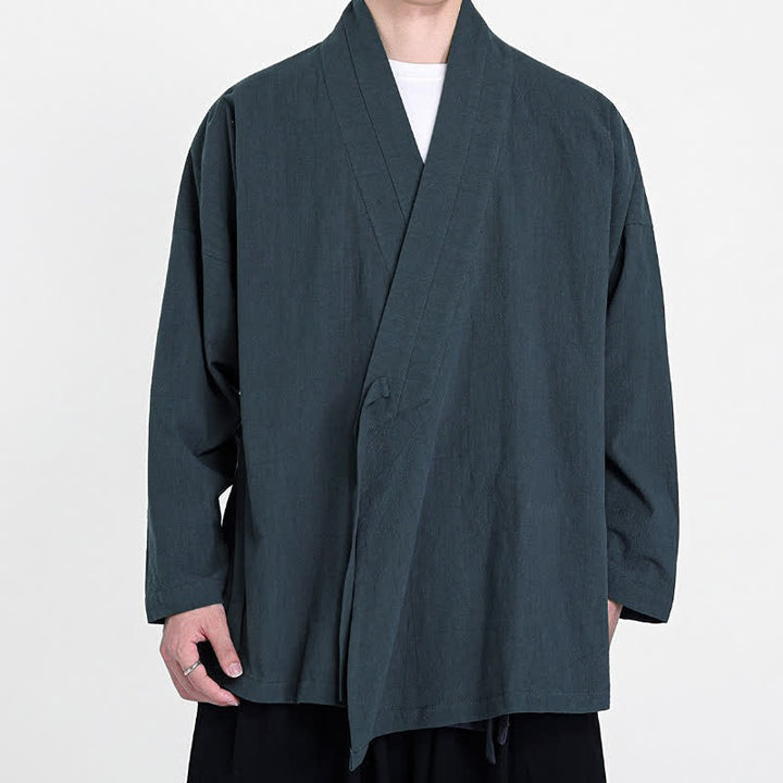 Buddha Stones Spring Fall Tang Style Minimalist Drawstring Solid Men's Kimono - image 3