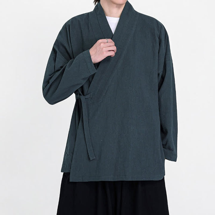Buddha Stones Spring Fall Tang Style Minimalist Drawstring Solid Men's Kimono - image 2