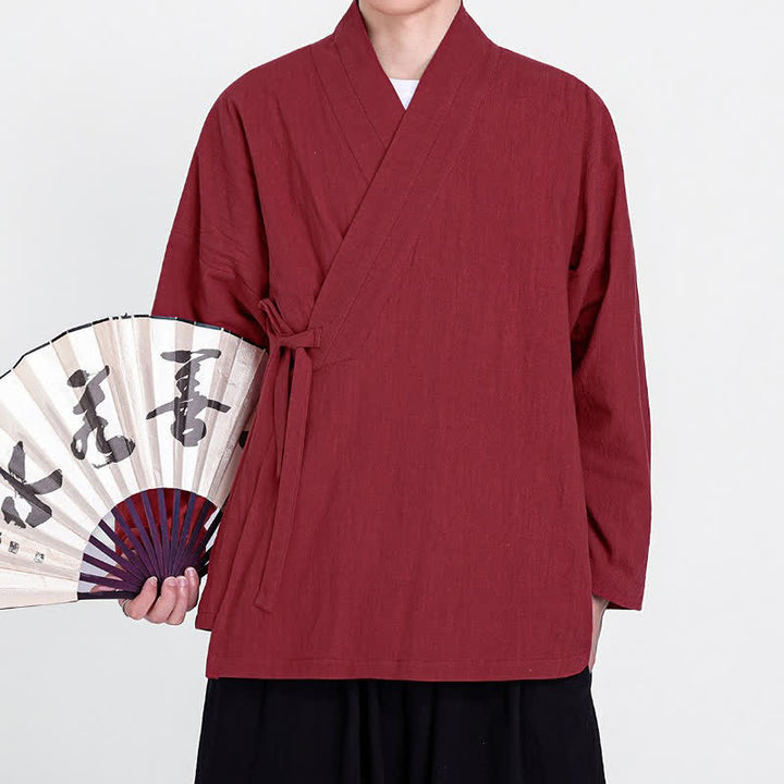 Buddha Stones Spring Fall Tang Style Minimalist Drawstring Solid Men's Kimono - image 6