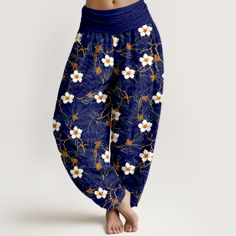 Buddha Stones Cotton White Blossom Vine Pattern Women's Elastic Waist Harem Pants - Navy - US16，UK/AU20，EU48 (3XL) - image 5