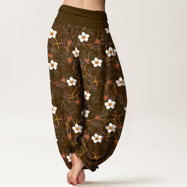 Buddha Stones Cotton White Blossom Vine Pattern Women's Elastic Waist Harem Pants - image 10
