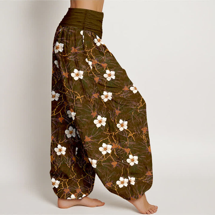 Buddha Stones Cotton White Blossom Vine Pattern Women's Elastic Waist Harem Pants - image 9