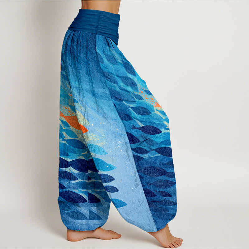 Buddha Stones Cotton Ocean Fish Pattern Women's Elastic Waist Harem Pants - image 1