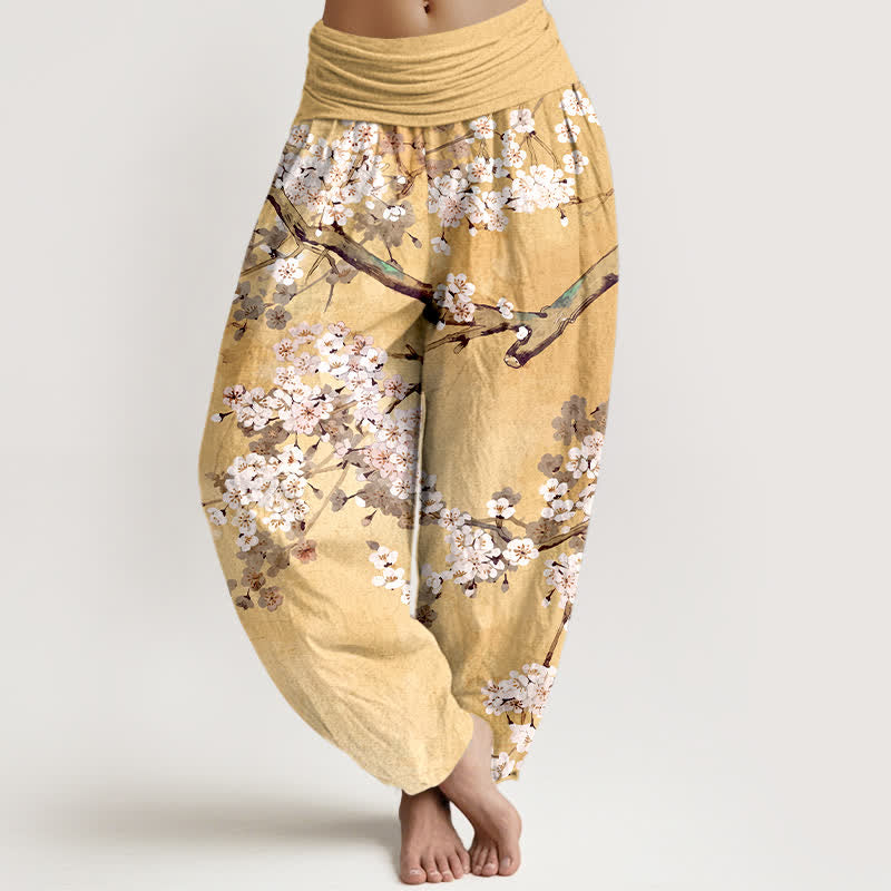 Buddha Stones Cotton Cherry Blossom Branch Pattern Women's Elastic Waist Harem Pants - Khaki - US16，UK/AU20，EU48 (3XL) - image 0