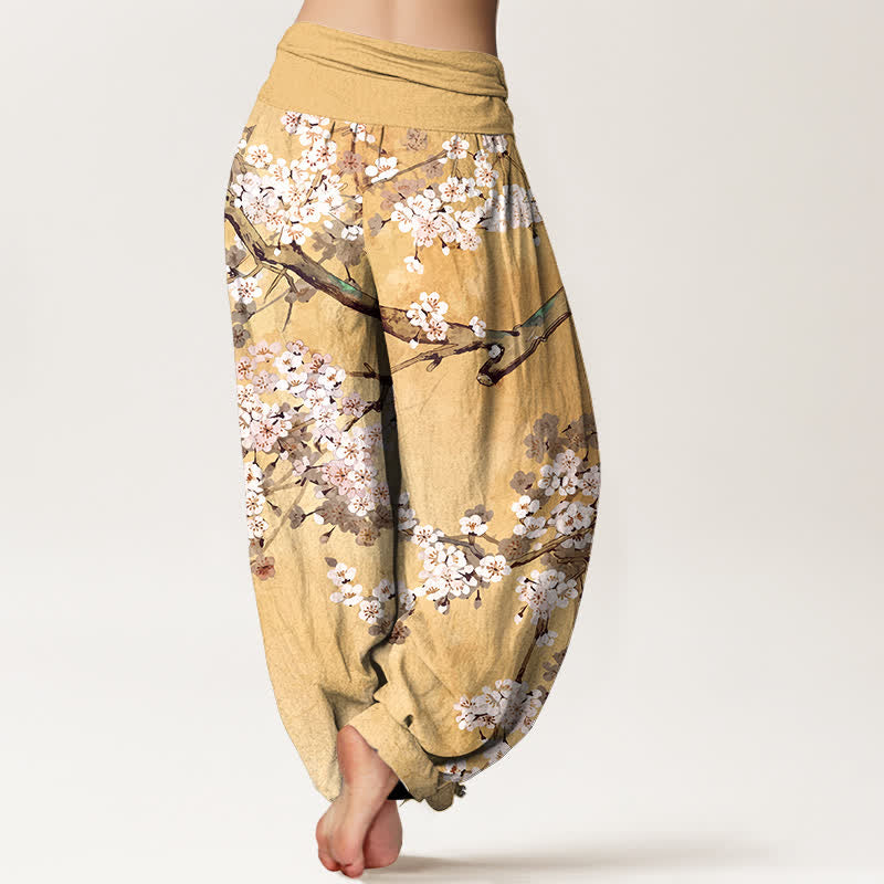 Buddha Stones Cotton Cherry Blossom Branch Pattern Women's Elastic Waist Harem Pants - image 1