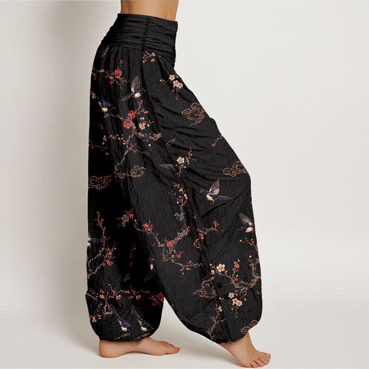 Buddha Stones Cotton Swallow Plum Blossom Pattern Women's Elastic Waist Harem Pants - image 1