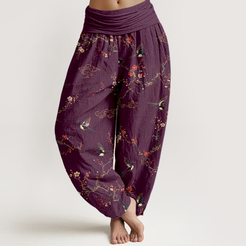 Buddha Stones Cotton Swallow Plum Blossom Pattern Women's Elastic Waist Harem Pants - Purple - US16，UK/AU20，EU48 (3XL) - image 5