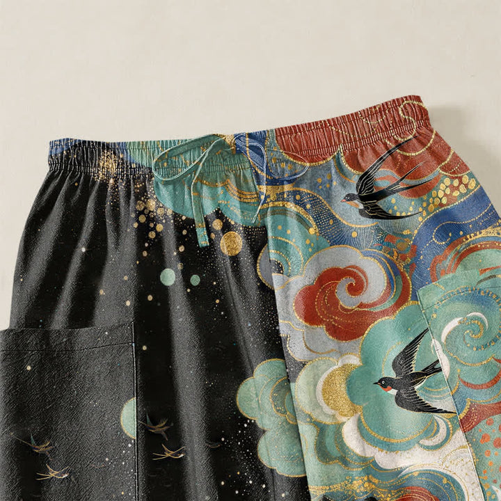 Buddha Stones Cotton Oriental Phoenix Cloud Pattern Women's Elastic Waist Harem Pants With Side Pockets - image 5