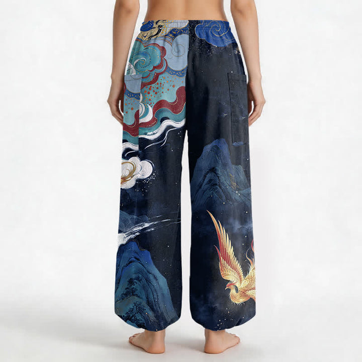Buddha Stones Cotton Oriental Phoenix Cloud Pattern Women's Elastic Waist Harem Pants With Side Pockets - image 9