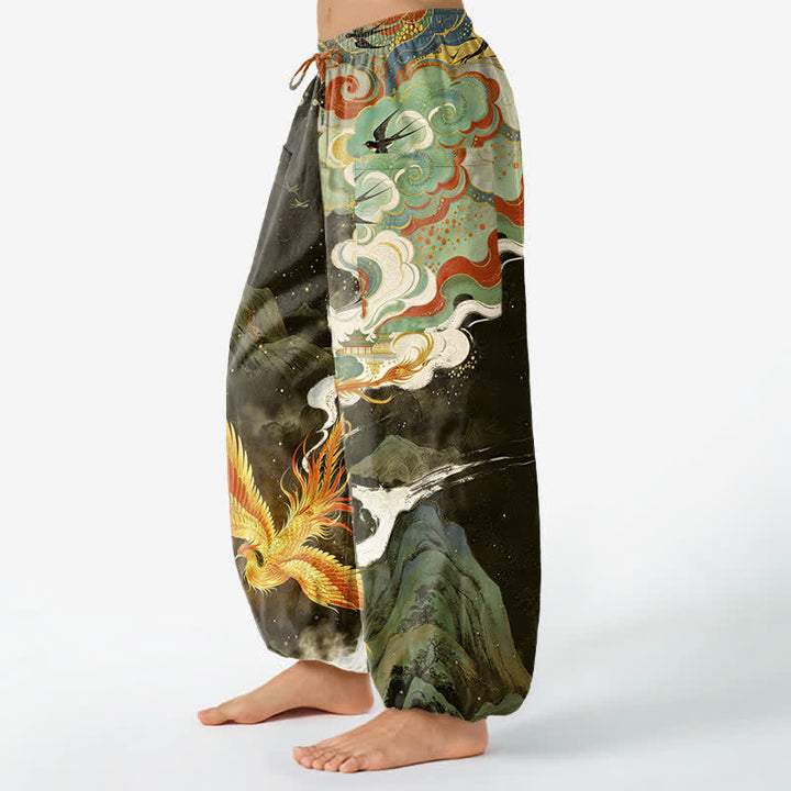 Buddha Stones Cotton Oriental Phoenix Cloud Pattern Women's Elastic Waist Harem Pants With Side Pockets - image 11