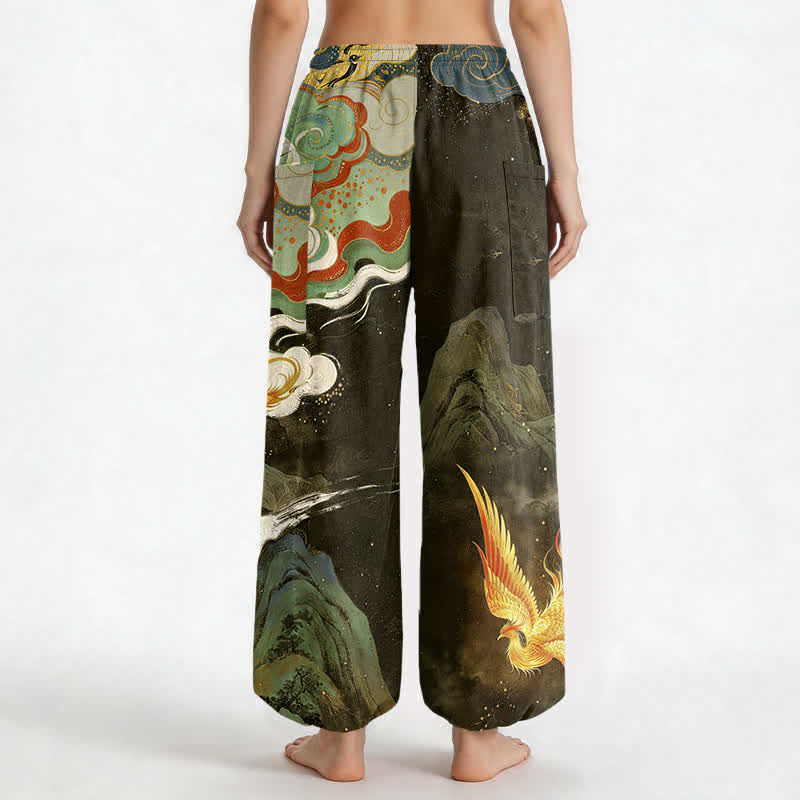 Buddha Stones Cotton Oriental Phoenix Cloud Pattern Women's Elastic Waist Harem Pants With Side Pockets - image 12