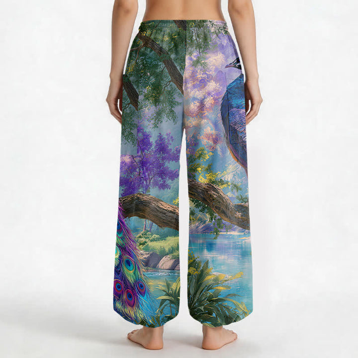 Buddha Stones Cotton Majestic Peacock Landscape Pattern Women's Elastic Waist Harem Pants With Side Pockets - image 2