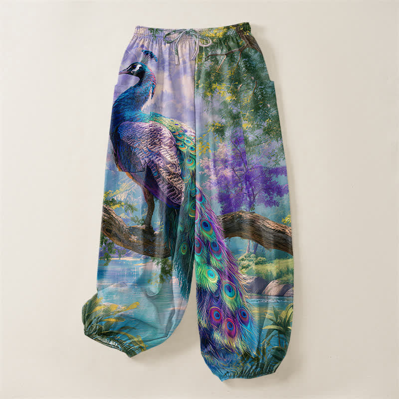 Buddha Stones Cotton Majestic Peacock Landscape Pattern Women's Elastic Waist Harem Pants With Side Pockets - image 3