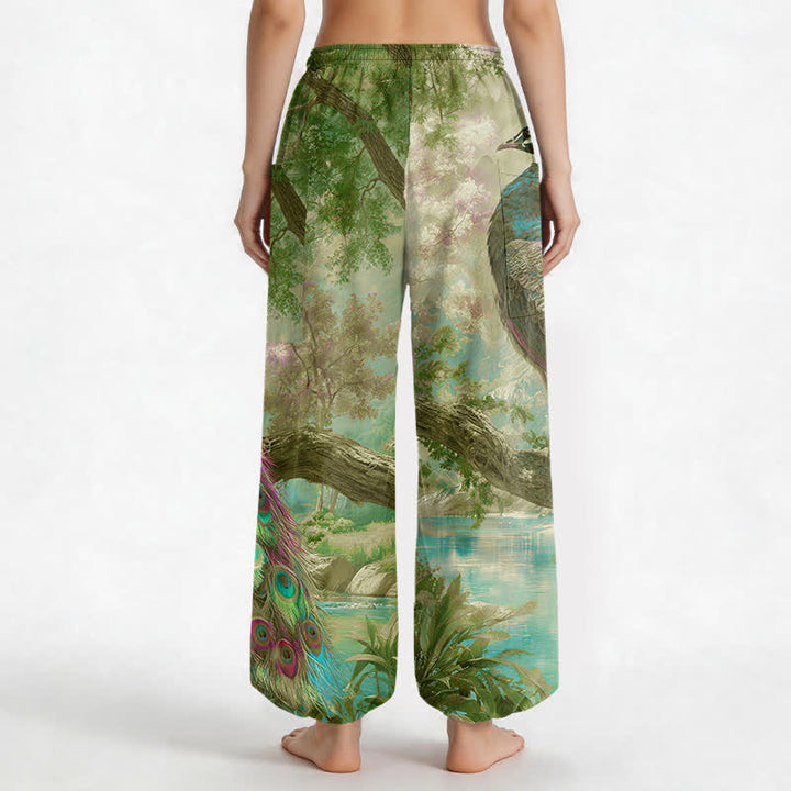 Buddha Stones Cotton Majestic Peacock Landscape Pattern Women's Elastic Waist Harem Pants With Side Pockets - image 9