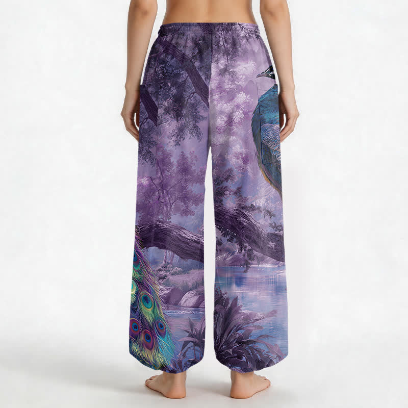 Buddha Stones Cotton Majestic Peacock Landscape Pattern Women's Elastic Waist Harem Pants With Side Pockets - image 12