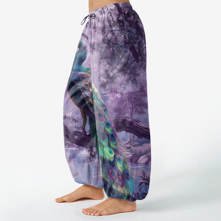 Buddha Stones Cotton Majestic Peacock Landscape Pattern Women's Elastic Waist Harem Pants With Side Pockets - image 11