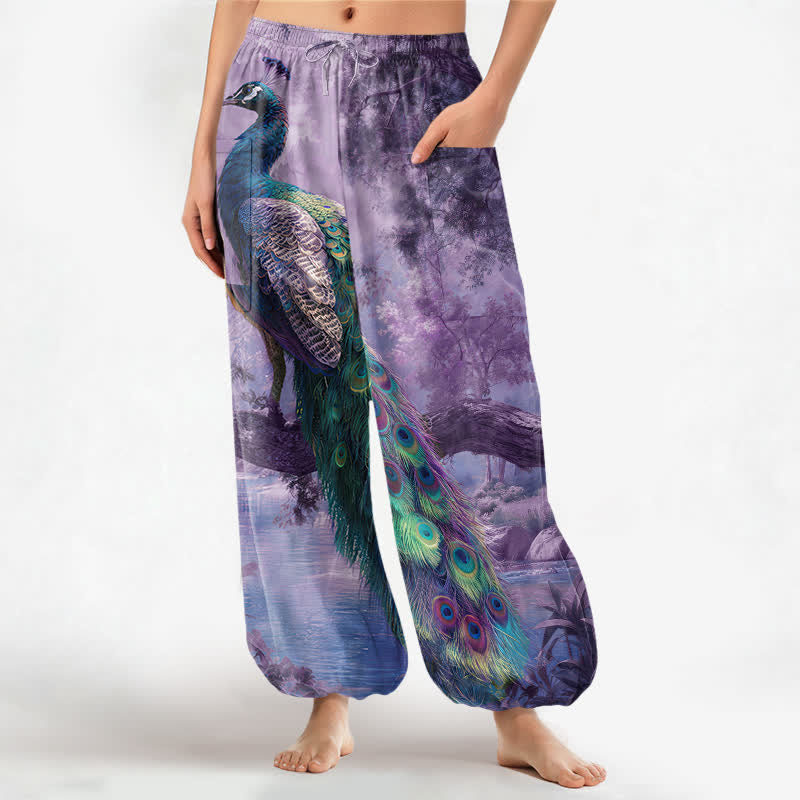 Buddha Stones Cotton Majestic Peacock Landscape Pattern Women's Elastic Waist Harem Pants With Side Pockets - MediumPurple - US16，UK/AU20，EU48 (3XL) - image 10
