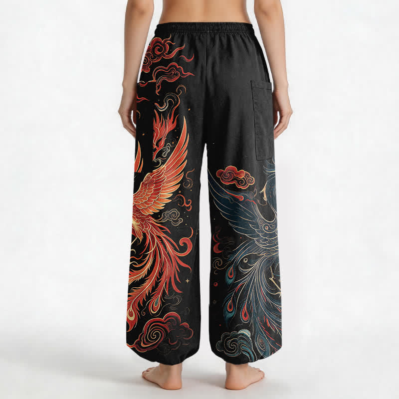 Buddha Stones Cotton Vintage Phoenix Flame Pattern Women's Elastic Waist Harem Pants With Side Pockets - image 2