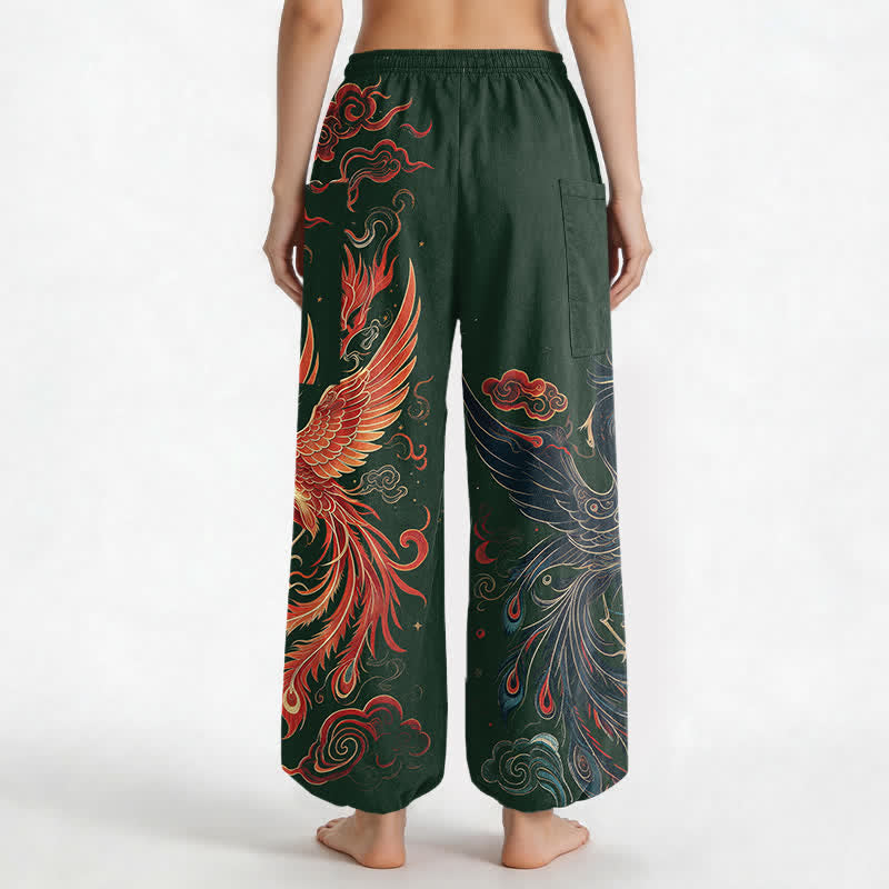 Buddha Stones Cotton Vintage Phoenix Flame Pattern Women's Elastic Waist Harem Pants With Side Pockets - image 9