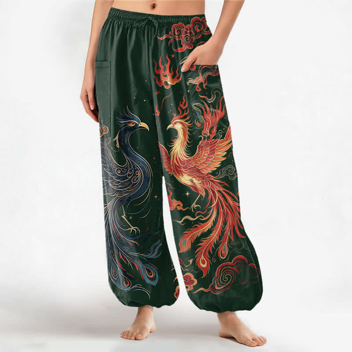 Buddha Stones Cotton Vintage Phoenix Flame Pattern Women's Elastic Waist Harem Pants With Side Pockets - DarkGreen - US16，UK/AU20，EU48 (3XL) - image 7