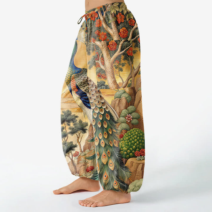 Buddha Stones Cotton Peacock Botanical Landscape Pattern Women's Elastic Waist Harem Pants With Side Pockets - image 1
