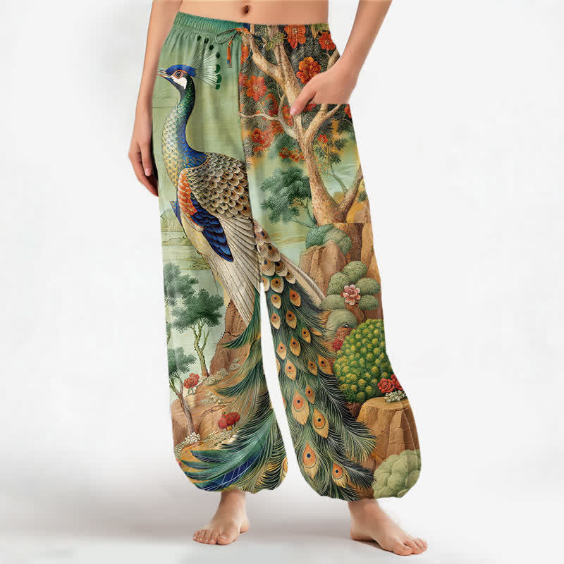 Buddha Stones Cotton Peacock Botanical Landscape Pattern Women's Elastic Waist Harem Pants With Side Pockets - MediumAquamarine - US16，UK/AU20，EU48 (3XL) - image 10
