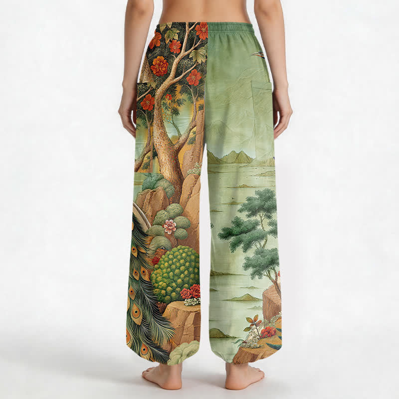 Buddha Stones Cotton Peacock Botanical Landscape Pattern Women's Elastic Waist Harem Pants With Side Pockets - image 12