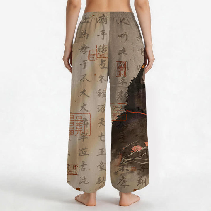 Buddha Stones Cotton Oriental Cat Calligraphy Seal Pattern Women's Elastic Waist Harem Pants With Side Pockets - image 2