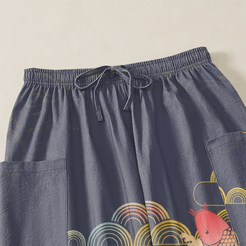 Buddha Stones Cotton Red Koi Water Pattern Women's Elastic Waist Harem Pants With Side Pockets - image 5