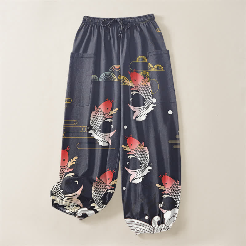 Buddha Stones Cotton Red Koi Water Pattern Women's Elastic Waist Harem Pants With Side Pockets - image 3