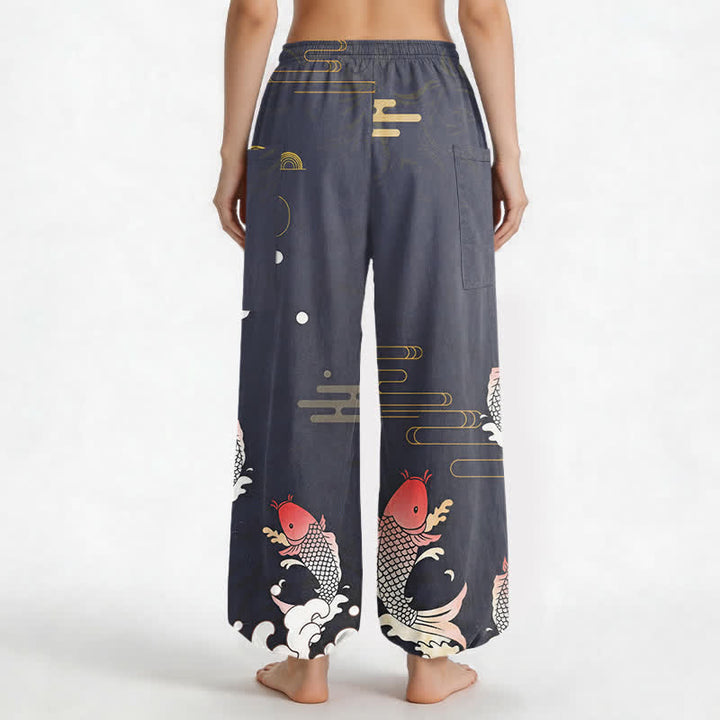 Buddha Stones Cotton Red Koi Water Pattern Women's Elastic Waist Harem Pants With Side Pockets - image 2