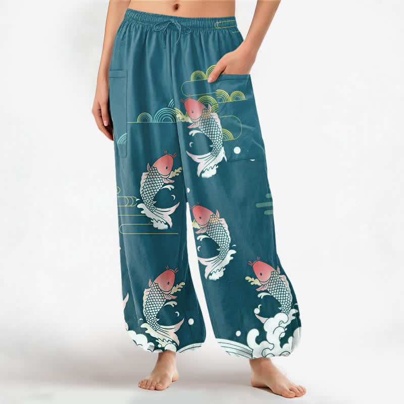 Buddha Stones Cotton Red Koi Water Pattern Women's Elastic Waist Harem Pants With Side Pockets - LightSeaGreen - US16，UK/AU20，EU48 (3XL) - image 7