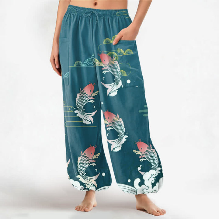 Buddha Stones Cotton Red Koi Water Pattern Women's Elastic Waist Harem Pants With Side Pockets - LightSeaGreen - US16，UK/AU20，EU48 (3XL) - image 7