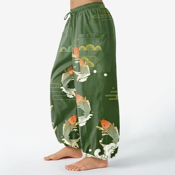Buddha Stones Cotton Red Koi Water Pattern Women's Elastic Waist Harem Pants With Side Pockets - image 11