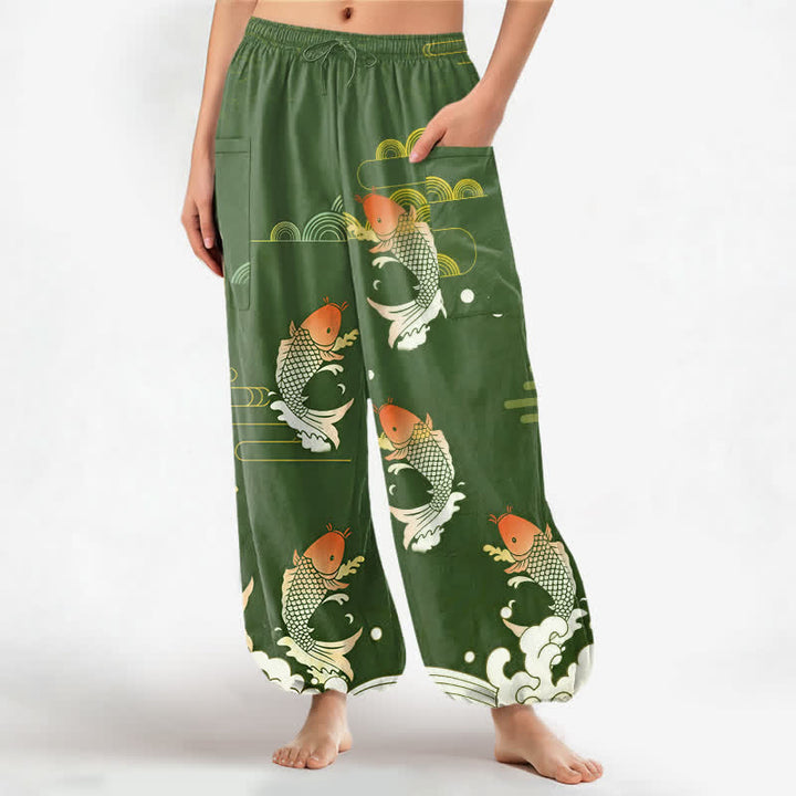Buddha Stones Cotton Red Koi Water Pattern Women's Elastic Waist Harem Pants With Side Pockets - OliveDrab - US16，UK/AU20，EU48 (3XL) - image 10