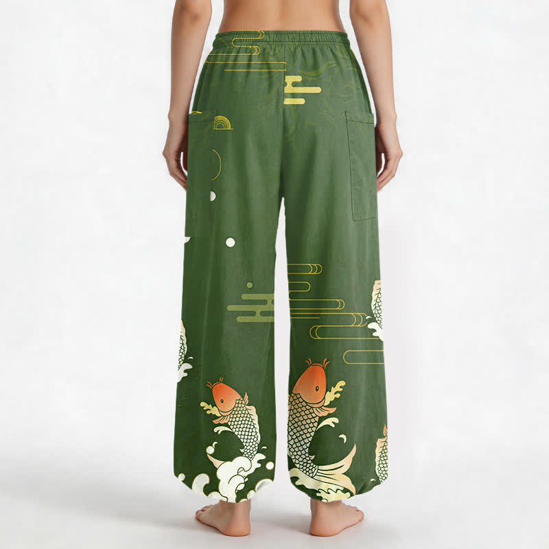 Buddha Stones Cotton Red Koi Water Pattern Women's Elastic Waist Harem Pants With Side Pockets - image 12