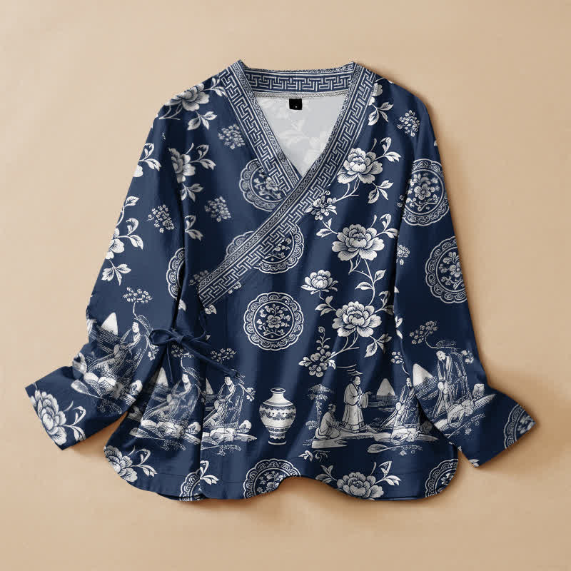 Buddha Stones Cotton Peony Porcelain Floral Print Hanfu Style Wrap V-Neck Lace-up Women's Long Sleeve Shirts Kimono - Navy - US16，UK/AU20，EU48 (3XL) - image 0