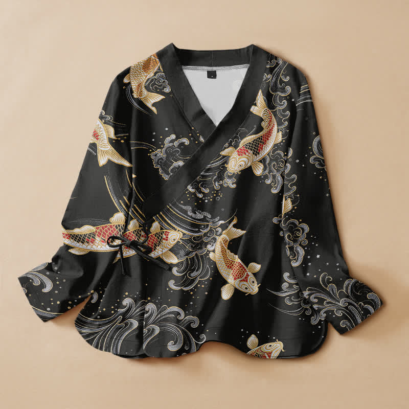Buddha Stones Cotton Golden Koi Wave Print Hanfu Style Wrap V-Neck Lace-up Women's Long Sleeve Shirts Kimono - Black - US16，UK/AU20，EU48 (3XL) - image 0