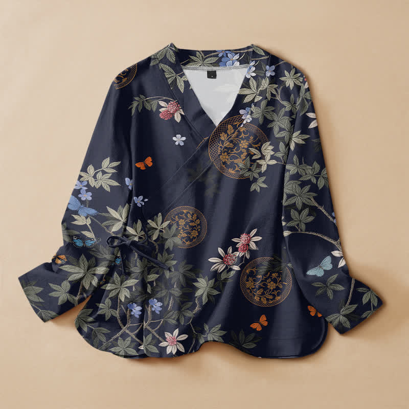 Buddha Stones Cotton Floral Butterfly Medallion Print Hanfu Style Wrap V-Neck Lace-up Women's Long Sleeve Shirts Kimono - Navy - US16，UK/AU20，EU48 (3XL) - image 0