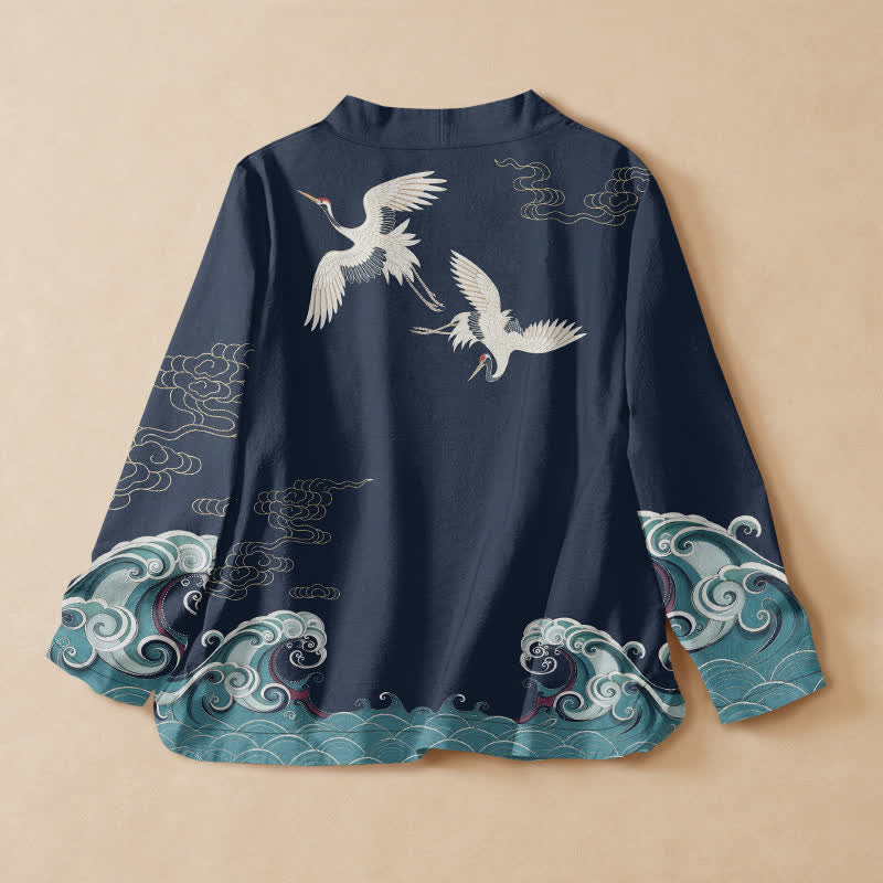 Buddha Stones Cotton White Crane Cloud Print Hanfu Style Wrap V-Neck Lace-up Women's Long Sleeve Shirts Kimono - image 1