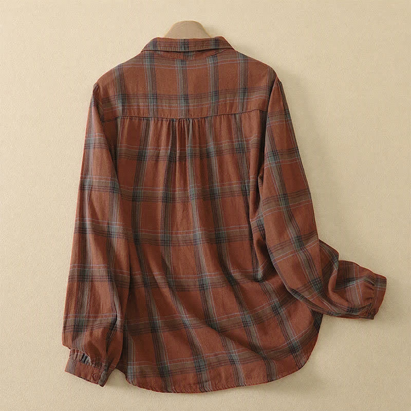 Buddha Stones Fall Casual Classic Plaid Women's Long Sleeve Shirts With Patch Pocket - image 1