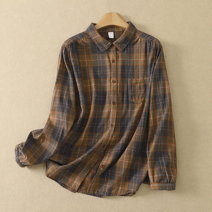 Buddha Stones Fall Casual Classic Plaid Women's Long Sleeve Shirts With Patch Pocket - SaddleBrown - US8-10, UK/AU12-14, EU40-42 (2XL) - image 13